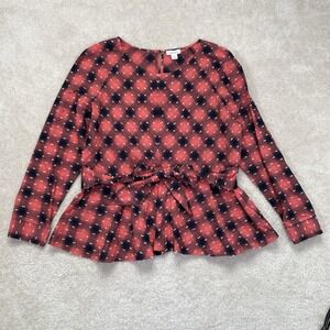 Sundance My Favorite Plaid Top Womens L Long Sleeve Peplum Red Black Textured